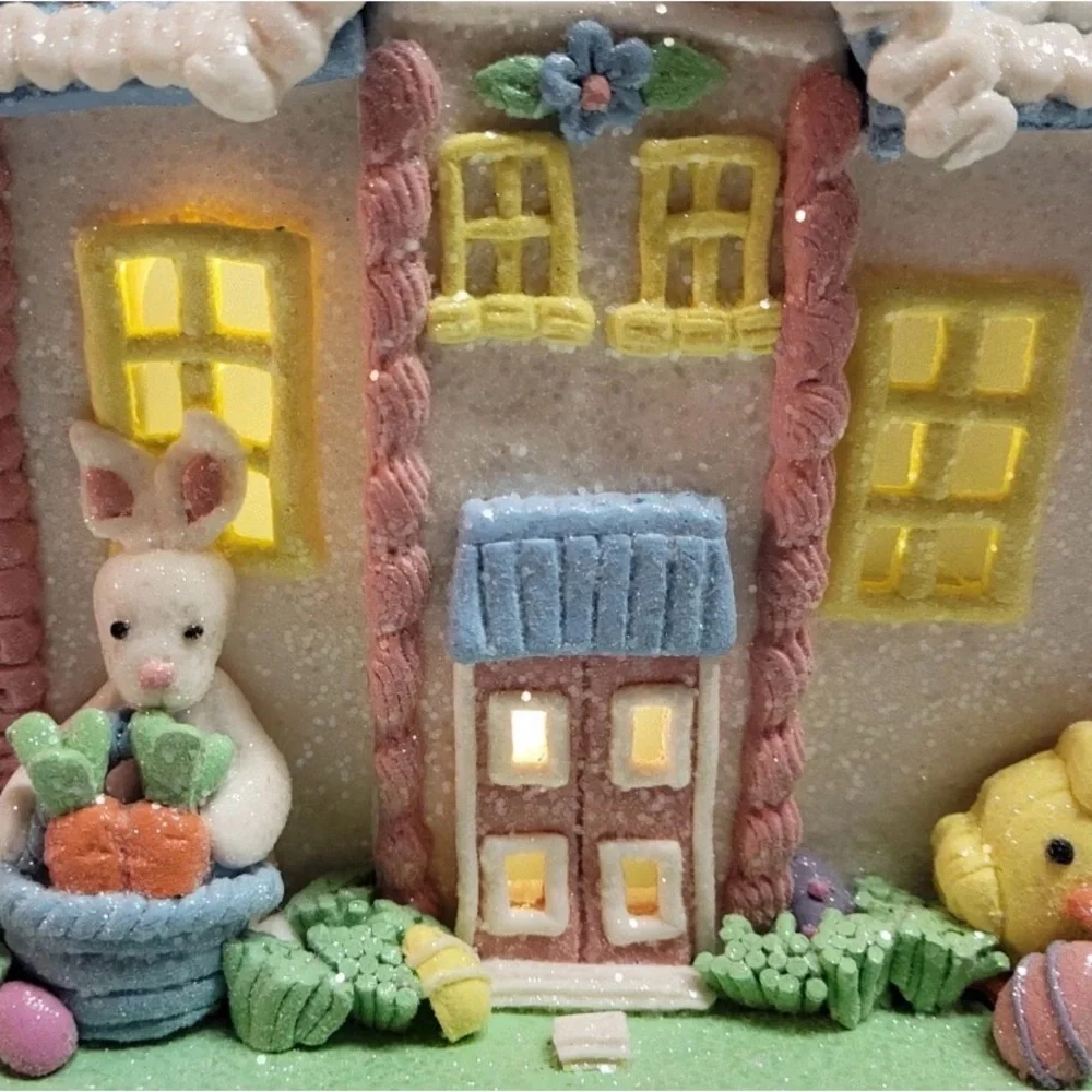 Easter Spring Clay Dough Light Up House 9” White Bunny In Glittered Gingerbread